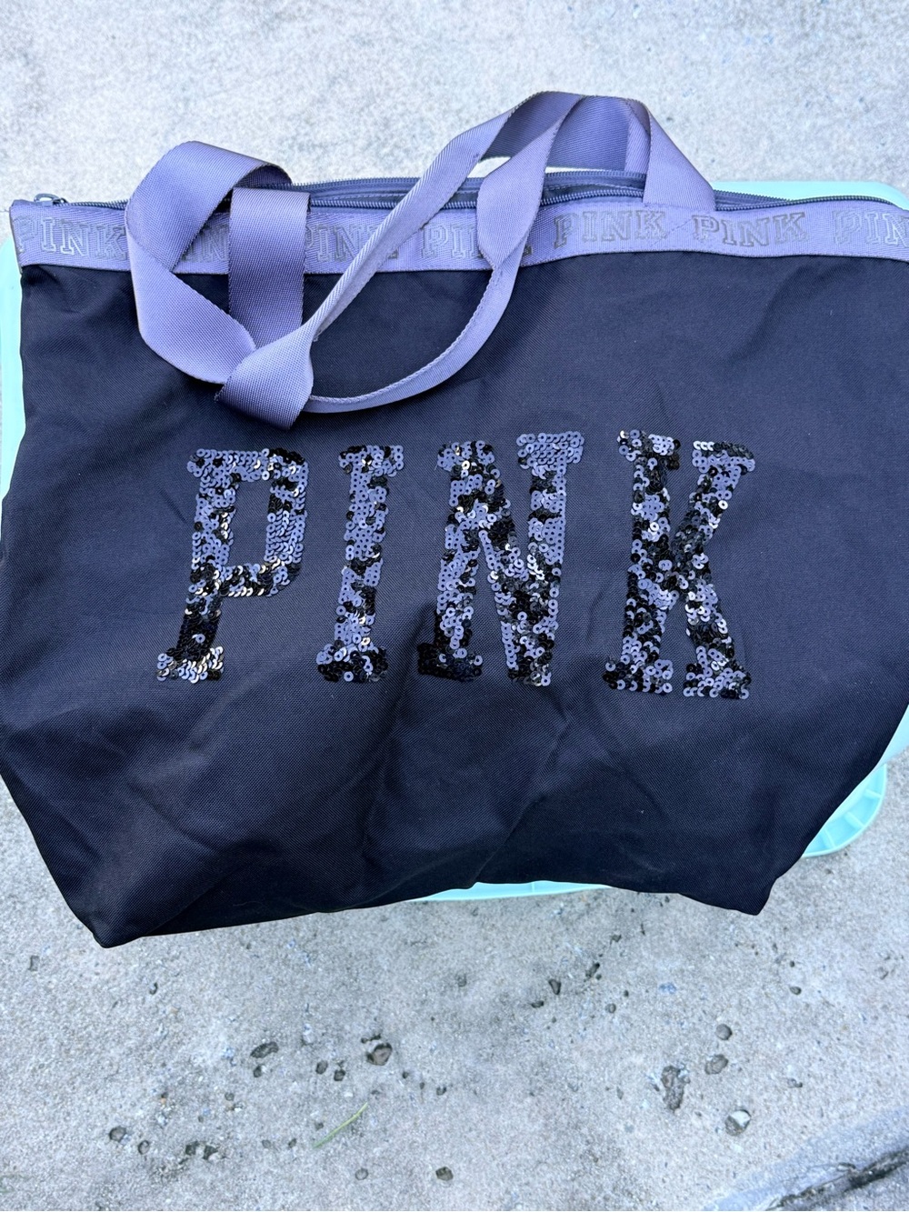 PINK Victoria's Secret Black Tote with Sequin Logo and Purple Trim